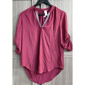 Society Girl 3/4 Sleeve Maroon Blouse Womens Embroidered V Neck XS